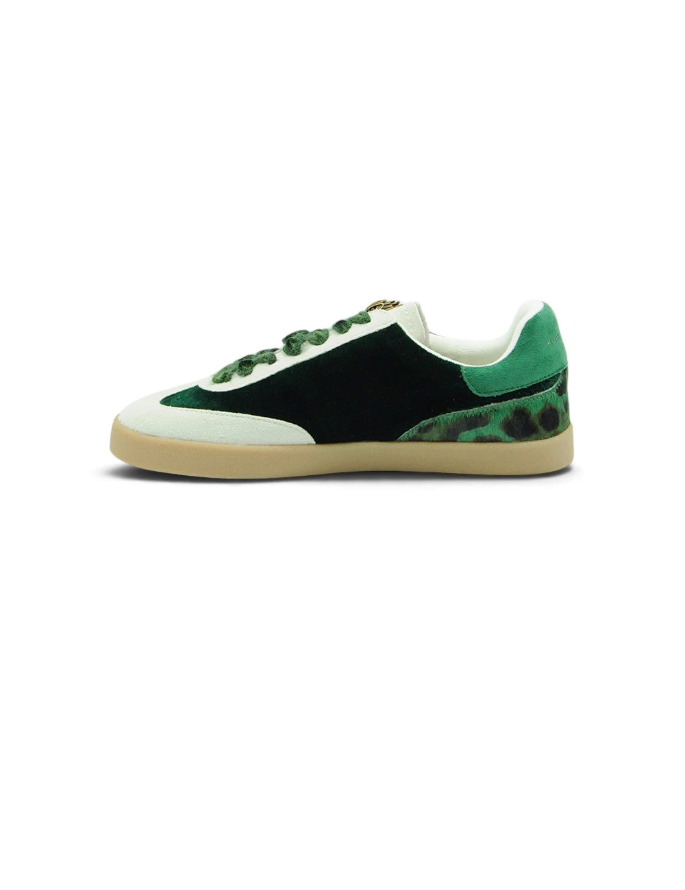 Sneaker kurt geiger barbican velvet verde e nero in suede con tallone mimetico suola bianca in gomma e lacci verdi