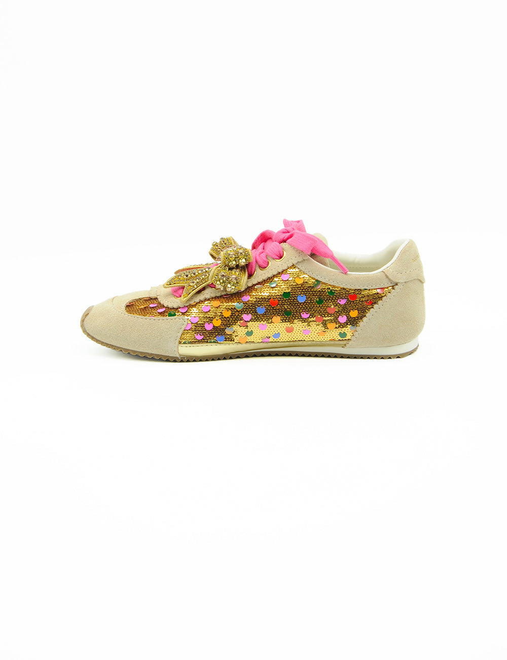 Sneaker Kurt Geiger Islington Bow Gold con pannello beige, paillettes dorate a pois colorati e fiocco glitterato