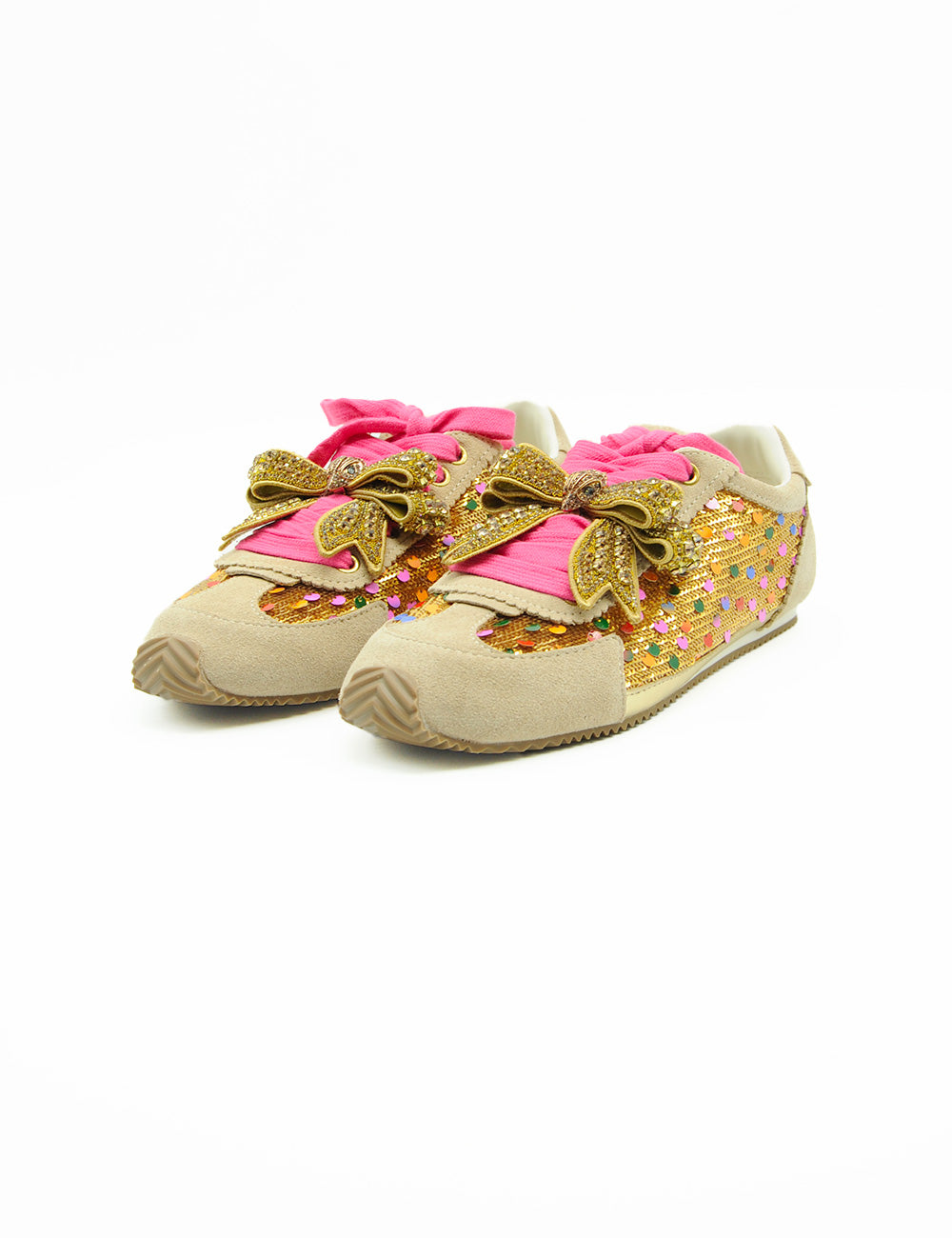 Sneakers Kurt Geiger Islington Bow Gold con paillettes rosa e oro e fiocchi decorativi