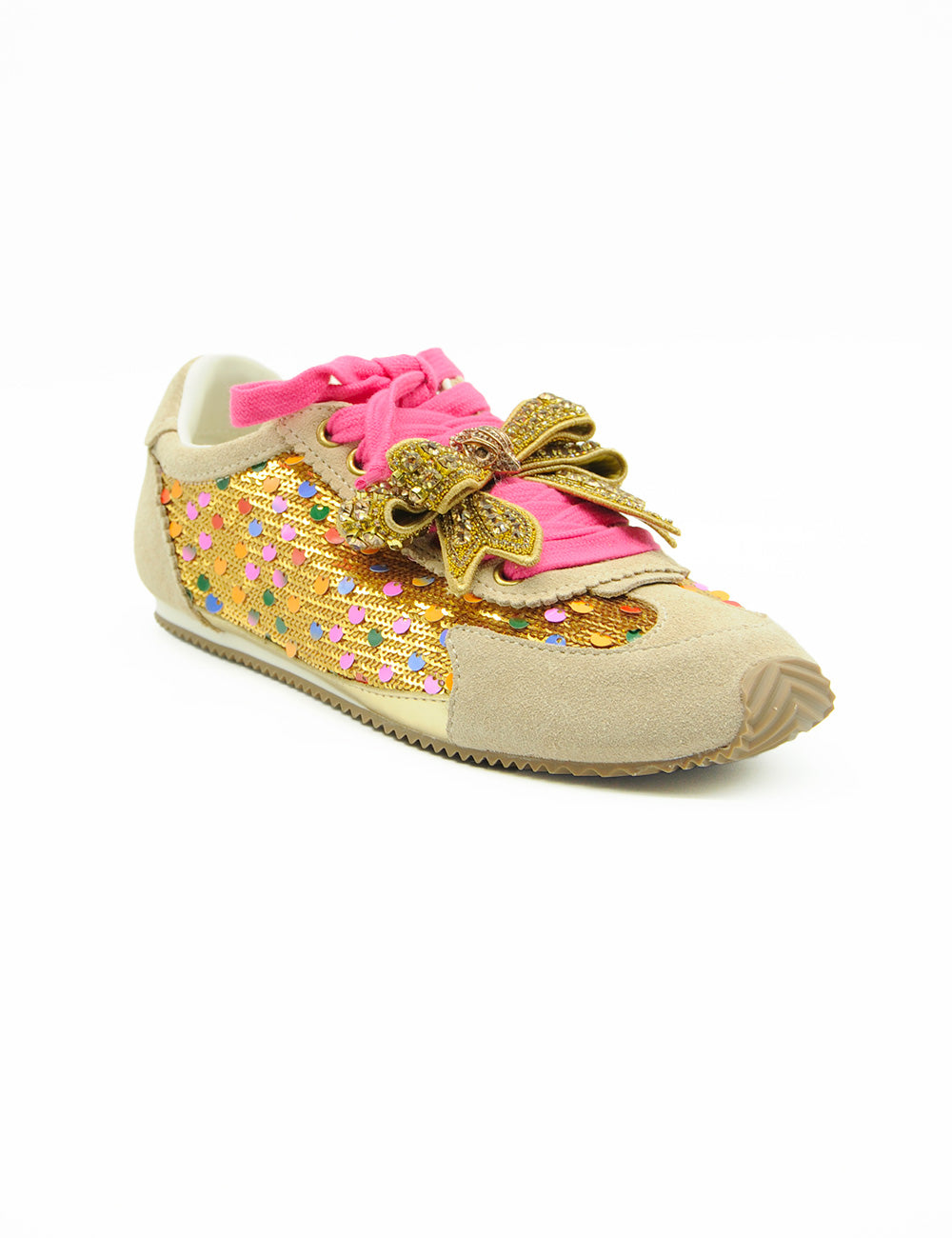 Sneaker Kurt Geiger Islington Bow Gold con pannello glitterato beige e fiocco dorato