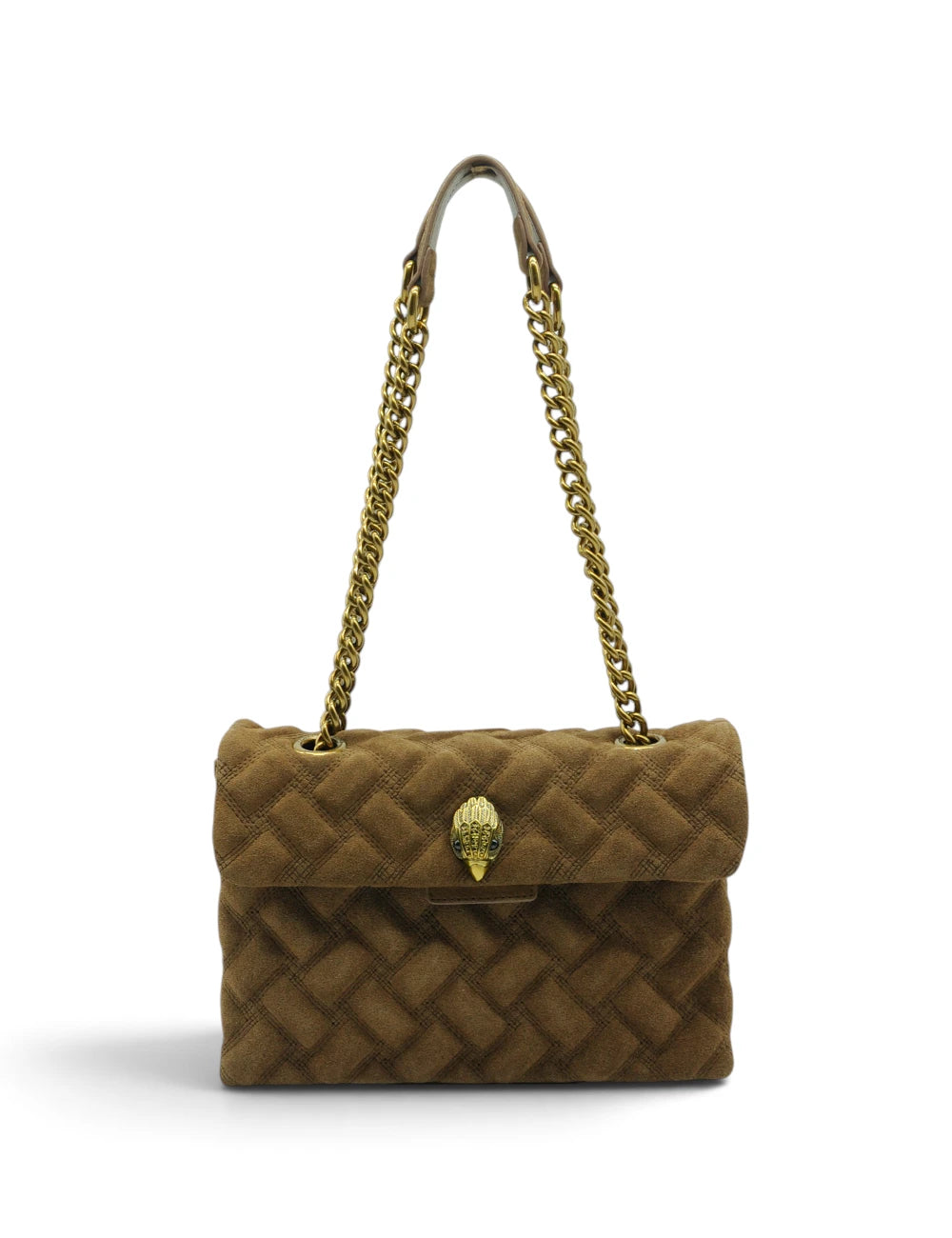 Kurt Geiger borsa kensington suede marrone con tracolla a catena dorata e chiusura distintiva a testa di serpente