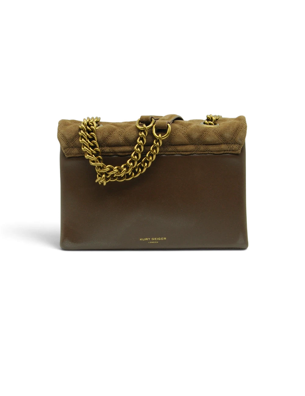 Kurt geiger borsa kensington in pelle scamosciata marrone con motivo trapuntato e catena dorata con logo london