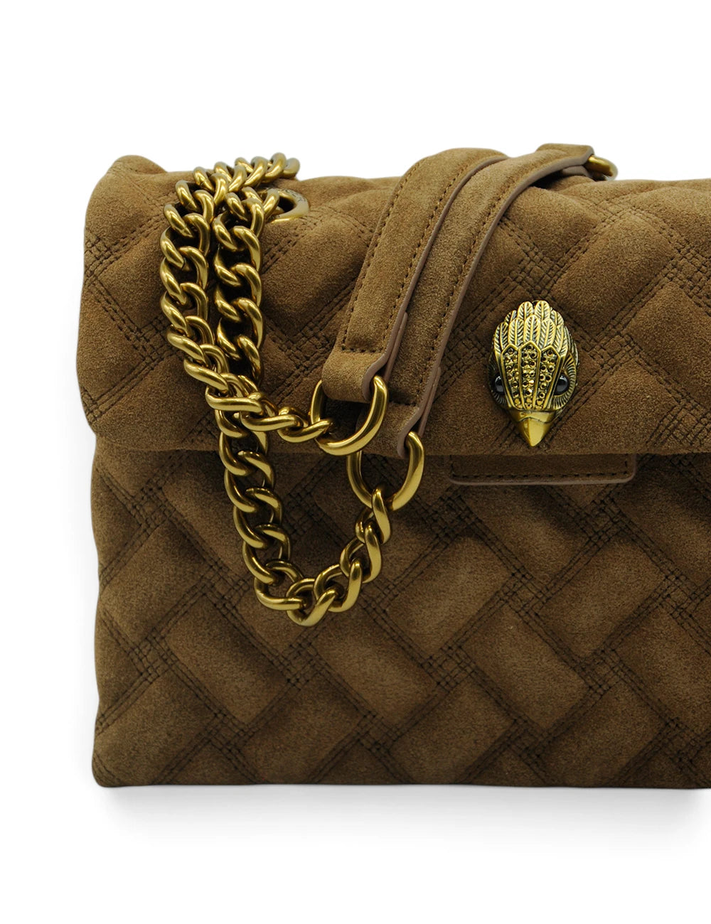 Brown quilted suede handbag with gold-tone chain strap and detailed golden snake head clasp by kurt geiger