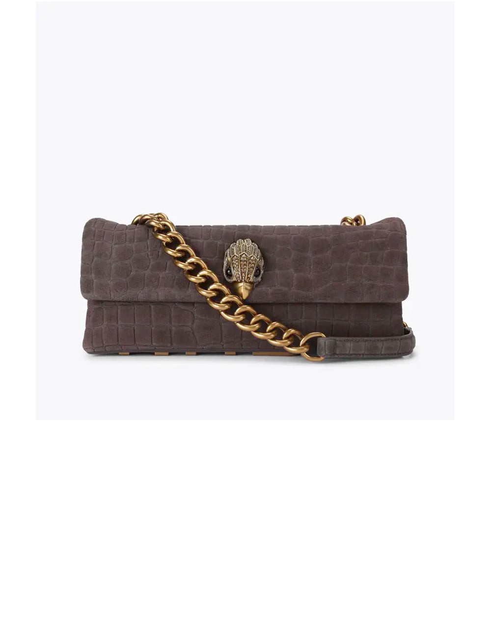 Kurt geiger borsa kensington east west marrone in pelle stampa coccodrillo con tracolla catena oro e chiusura testa leone