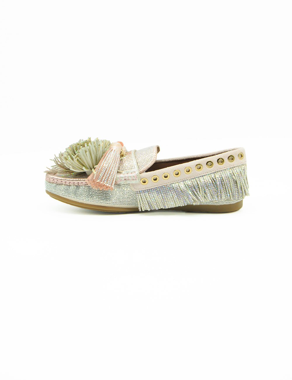 Mocassino Kurt Geiger con pom pom metallico, argento glitterato, nappina rosa e pompon verde con borchie dorate