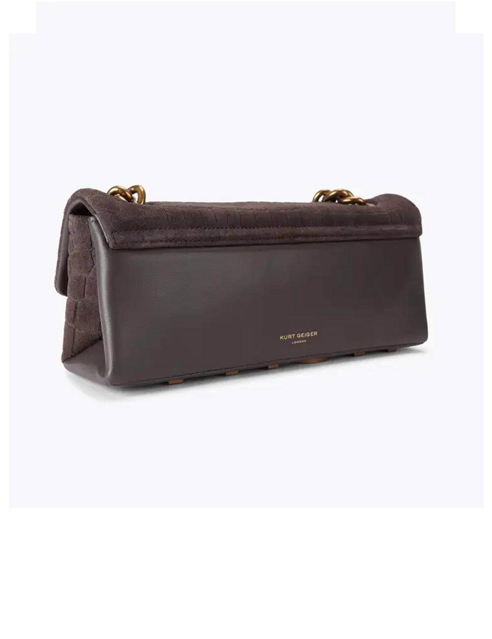 Brown leather clutch borsa kensington east west by kurt geiger con tracolla a catena oro e tessuto trapuntato