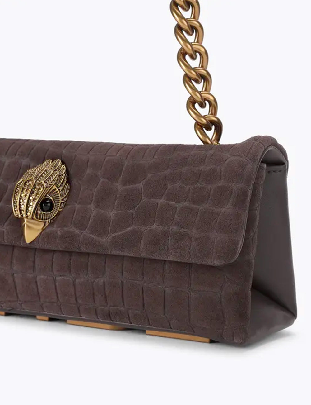 Kurt geiger borsa kensington east west marrone in suede effetto coccodrillo con chiusura a uccello dorata e tracolla abbinata