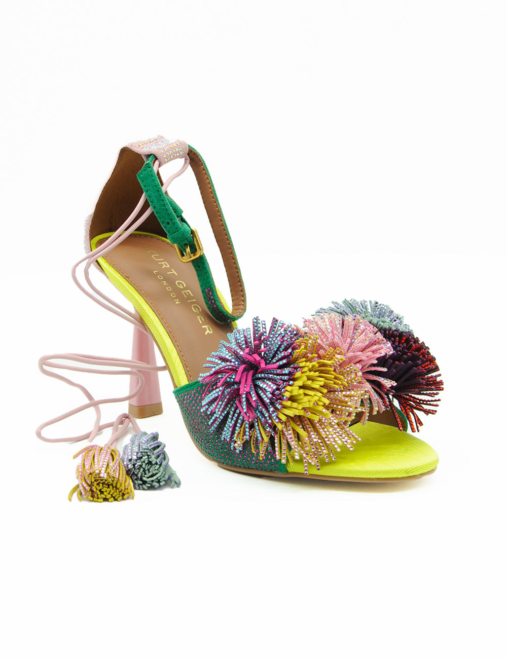 Sandalo Pom Pom Kurt Geiger con pom pom neon verdi e tacco alto
