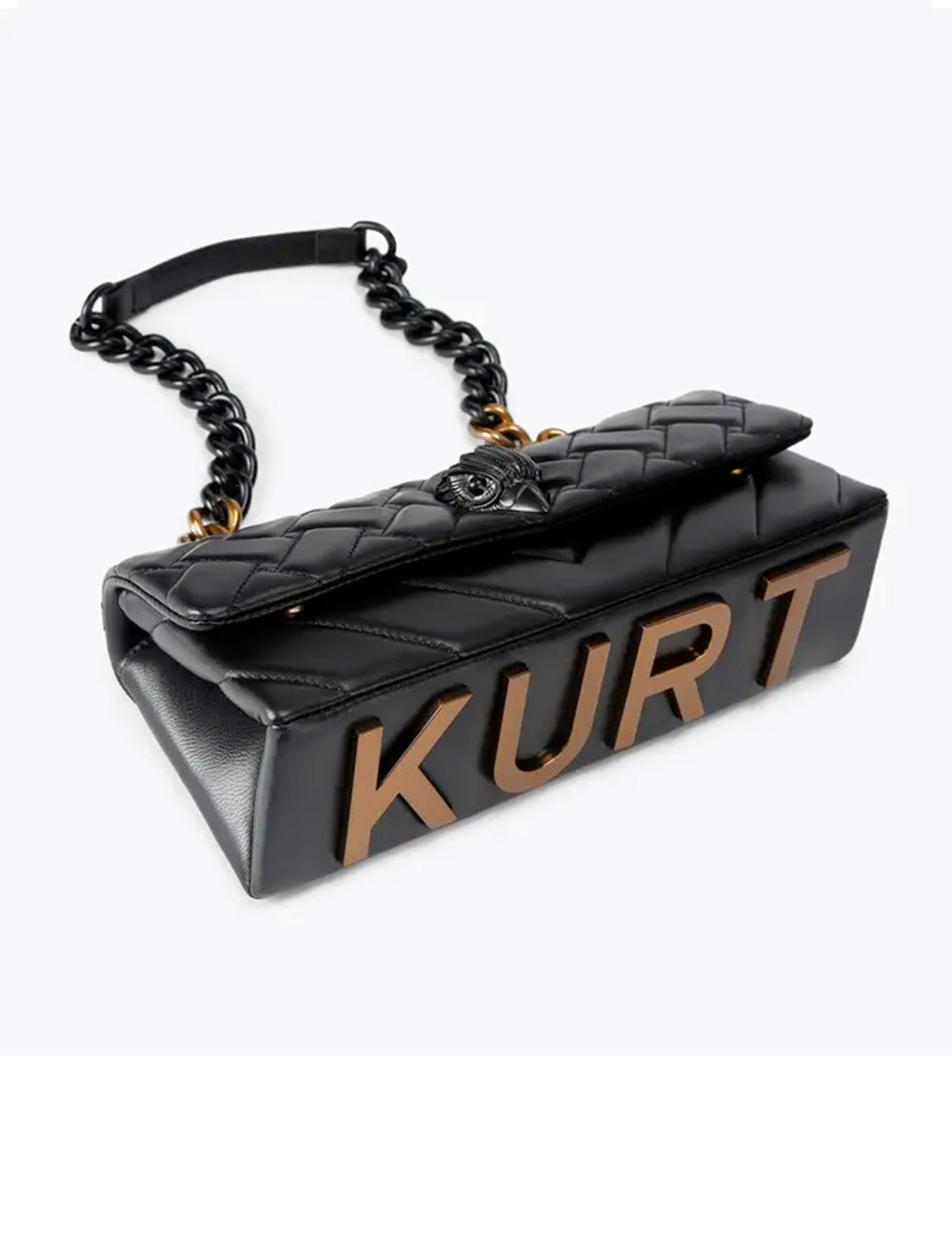 Black quilted leather kurt geiger borsa kensington east west handbag with gold-tone kurt lettering and chain strap