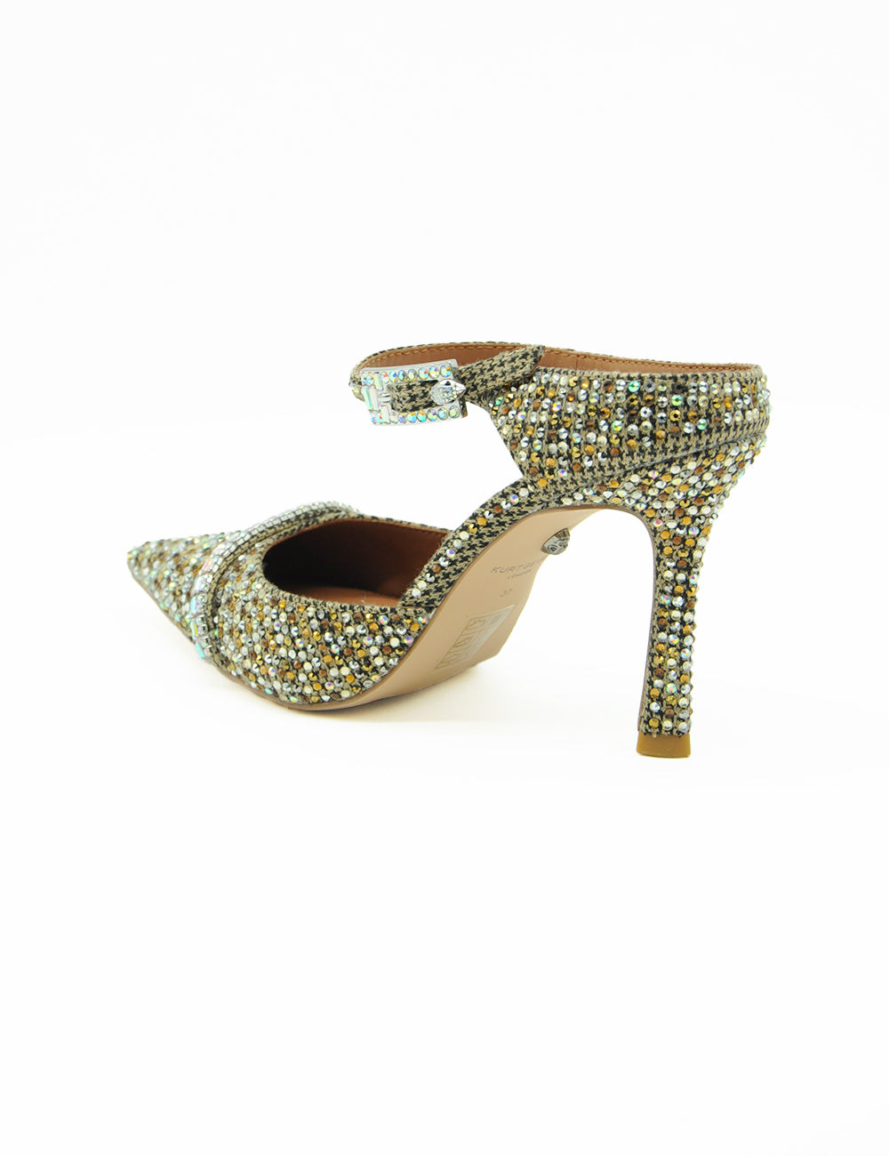 Scarpa mule Kurt Geiger Strass Point con tacco alto, strass oro e argento e fibbia
