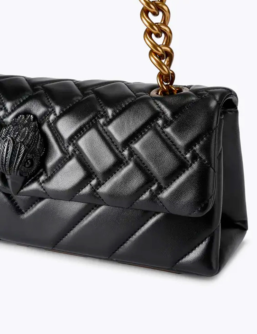 Kurt geiger borsa kensington east west nera in pelle trapuntata con catena dorata e chiusura con testa di leone embossata