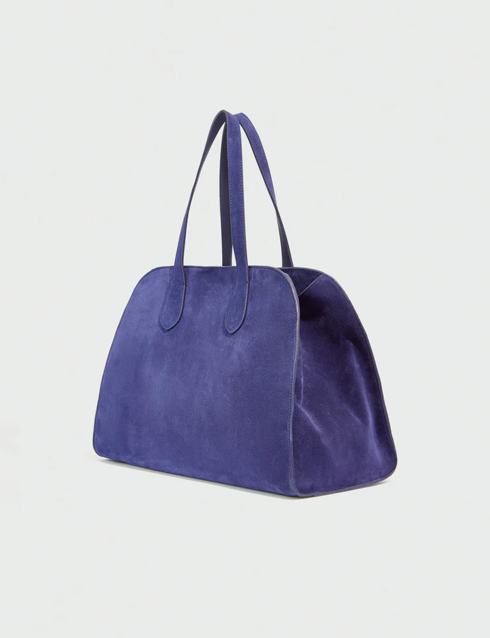 Borsa tote in suede viola profondo con manici strutturati e silhouette morbida leggermente curva liviana conti madison bluette