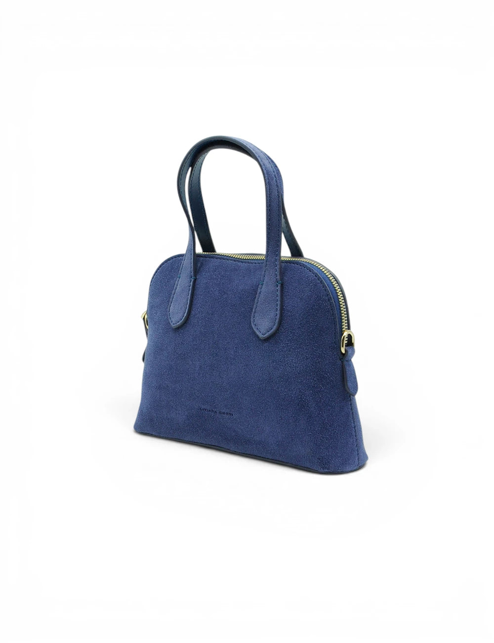 Navy blue suede handbag liviana conti lucille bluette with structured dome shape and gold-tone zipper hardware
