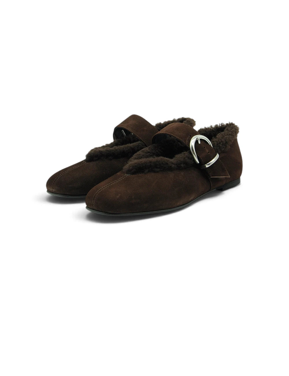 Brown suede mary jane flats liviana conti ballerina solene espresso with silver buckle and plush shearling lining