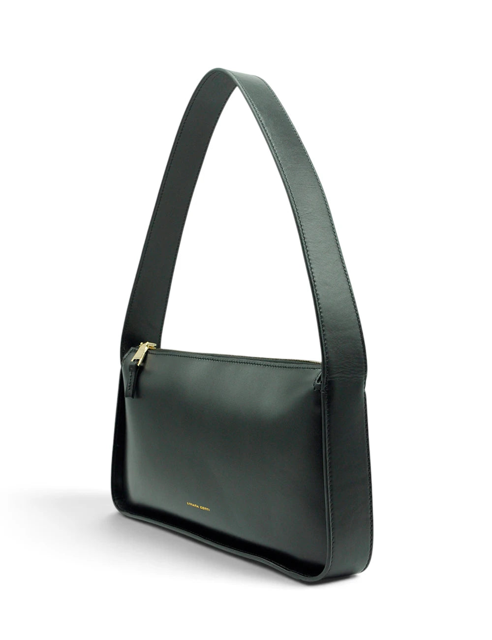 Dark green leather shoulder bag with minimalist design and gold-tone zipper by liviana conti a spalla caroline nera