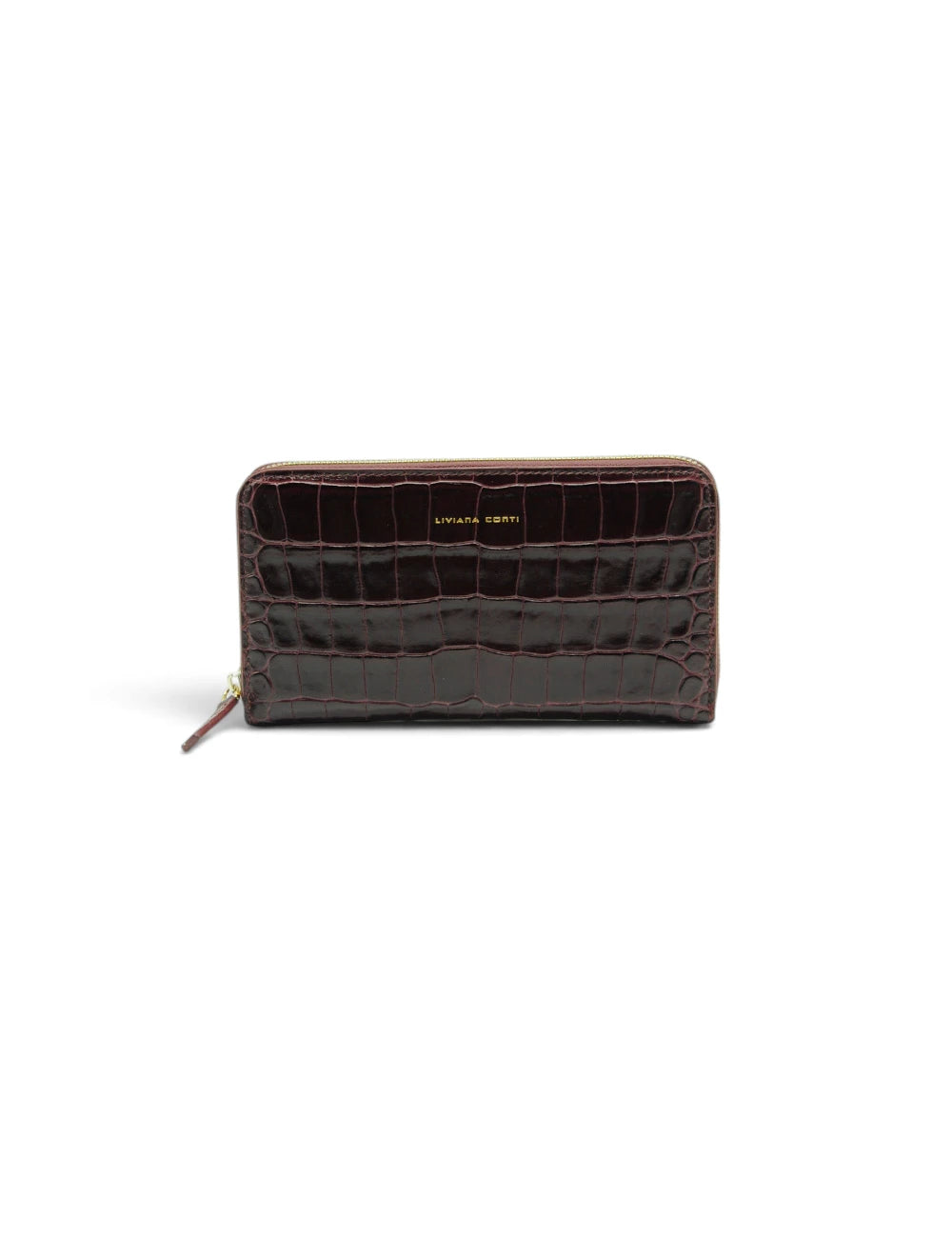 Portafoglio Liviana Conti Portafogli Drew aubergine in pelle bordeaux con stampa coccodrillo e zip dorata