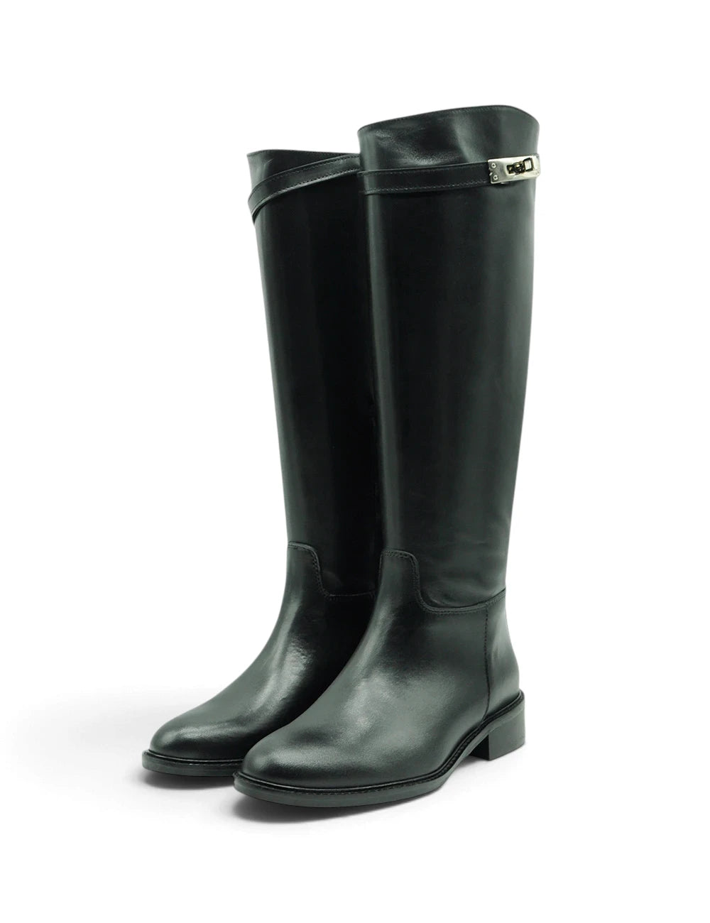 Black leather riding boots les tulipes stivale nero with silver-tone buckle at the top
