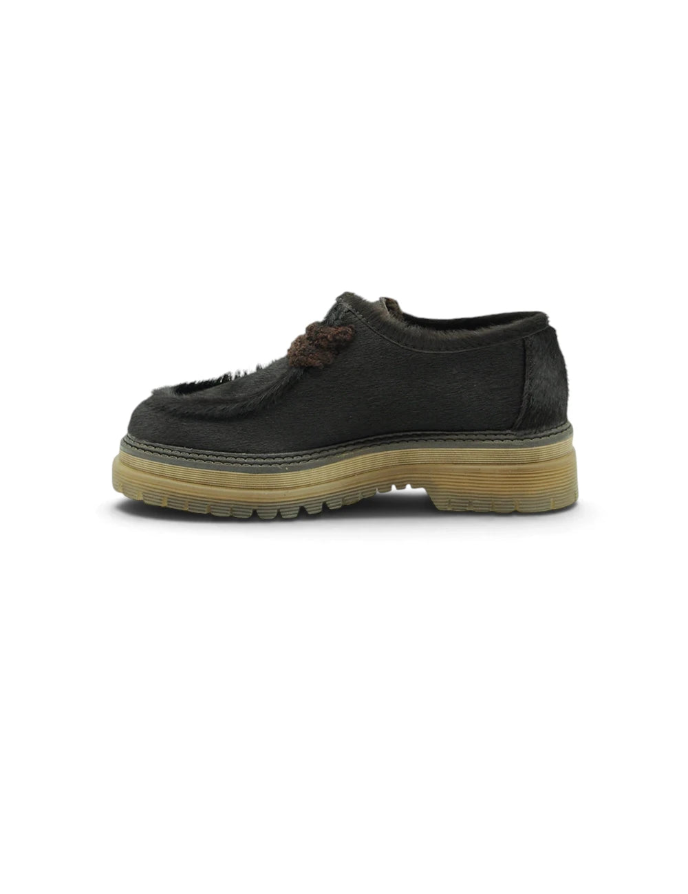 Mocassino les tulipes stringata testa moro in suede nero con lacci marroni e suola in gomma color cuoio