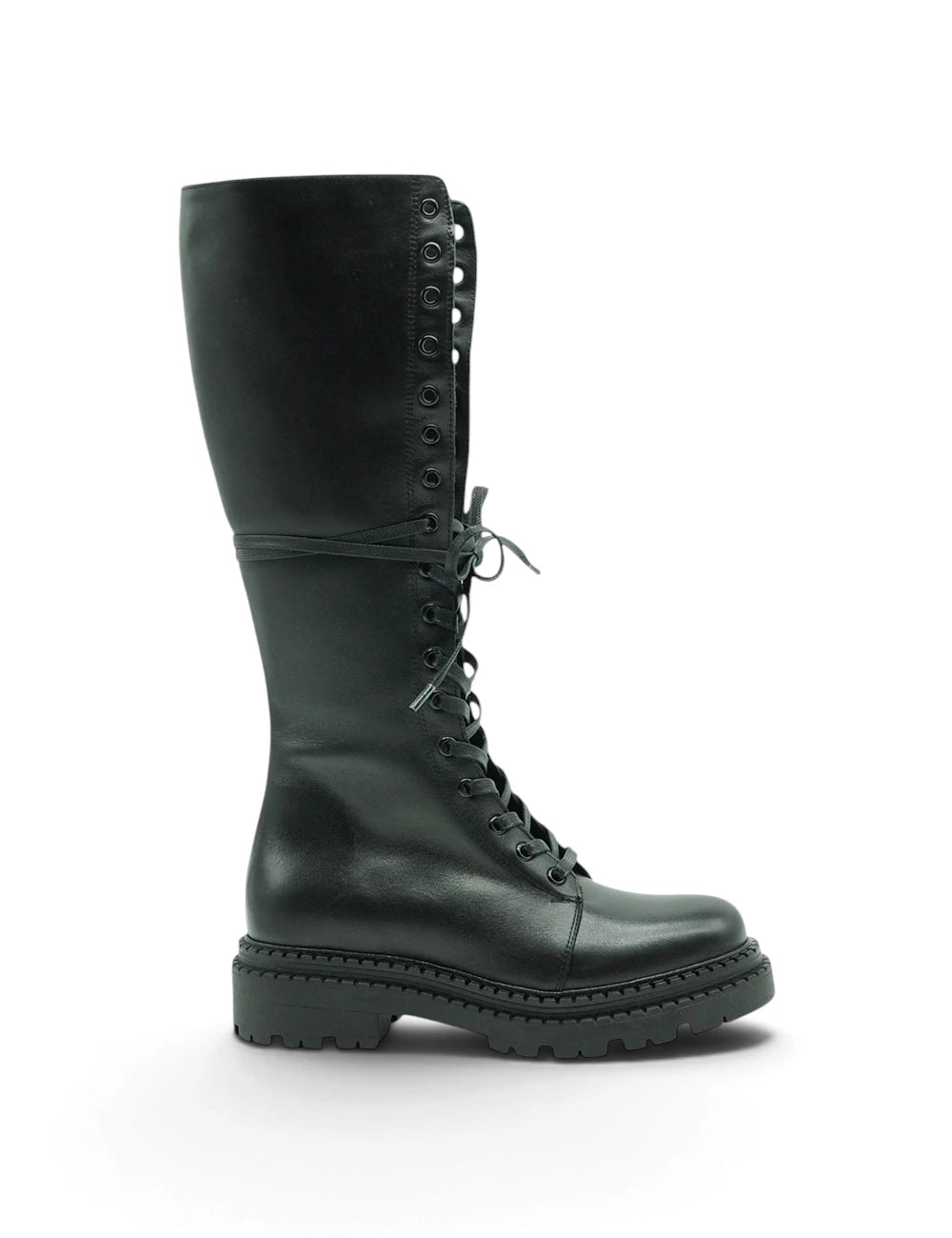 Les tulipes anfibio alto nero stivale da combattimento in pelle nera con suola chunky e cuciture rinforzate