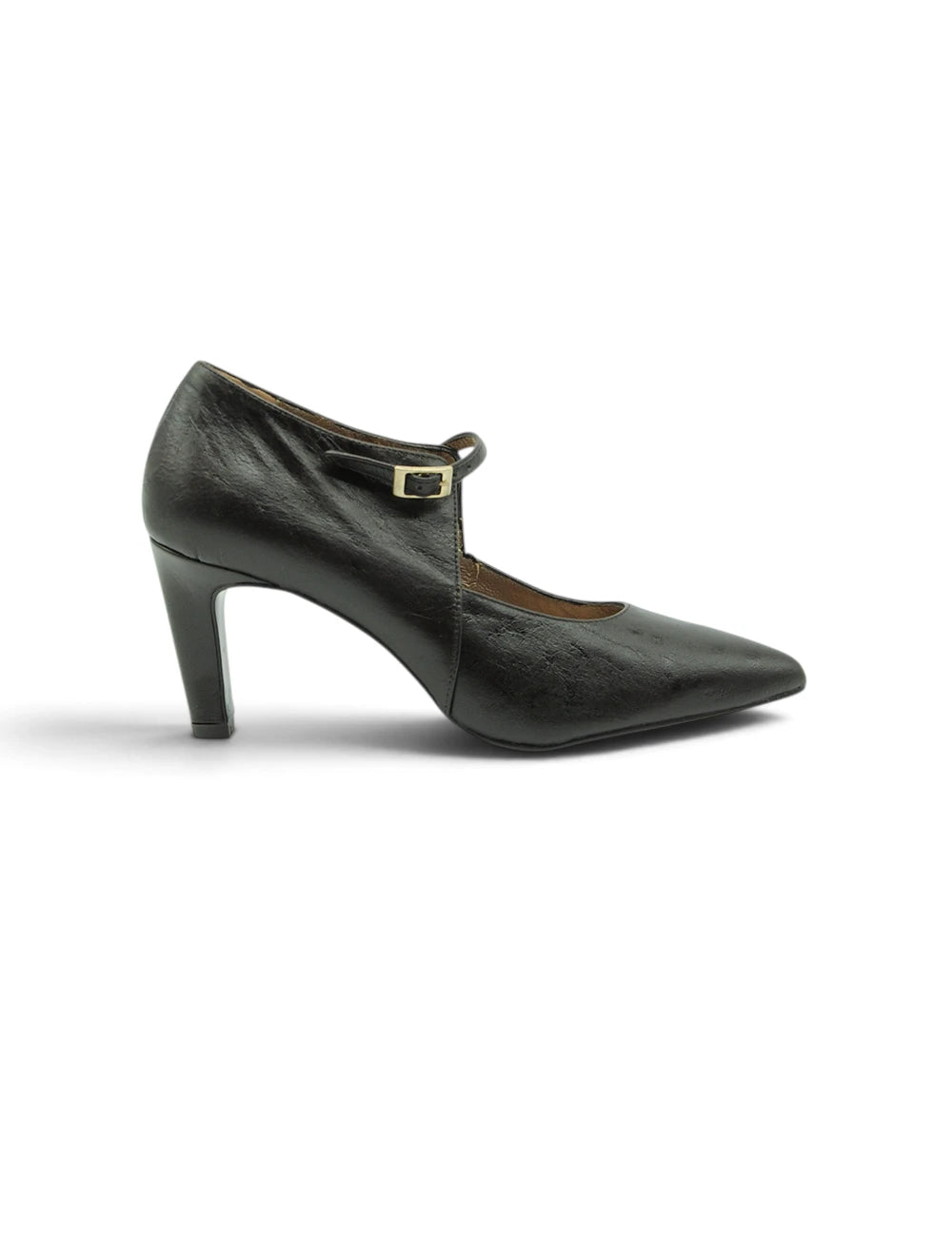 Marian décolleté mary jane testa moro in pelle nera con punta affilata e fibbia dorata elegante pumps donna