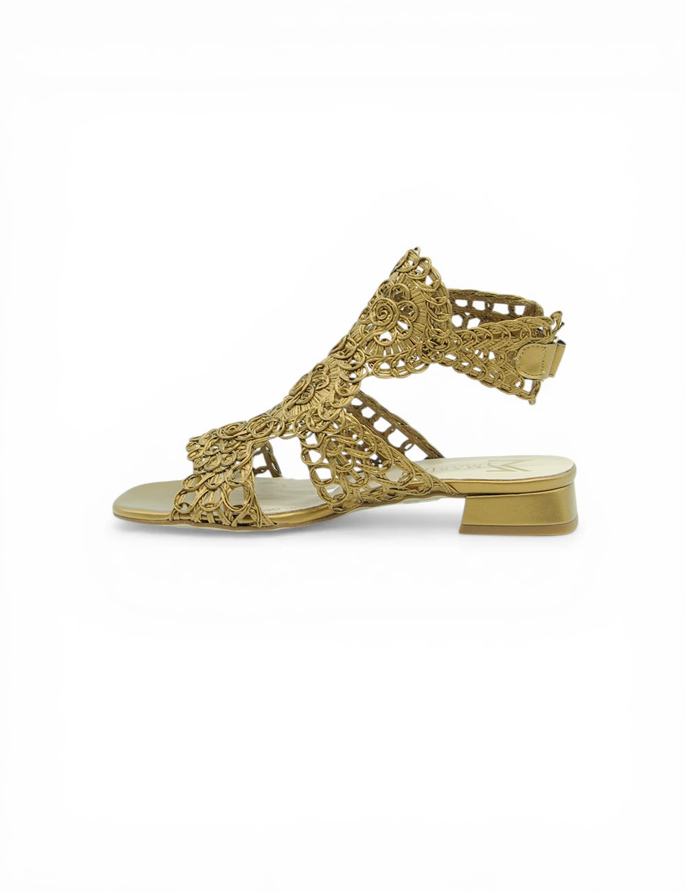 Sandali marian mestizo bronzo in pizzo oro intrecciato con tacco basso e cinturino regolabile alla caviglia