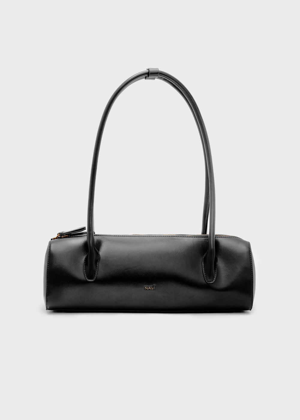 Borsa a spalla nalì billie baguette nero in pelle nera cilindrica con manici curvi e targhetta logo minimalista