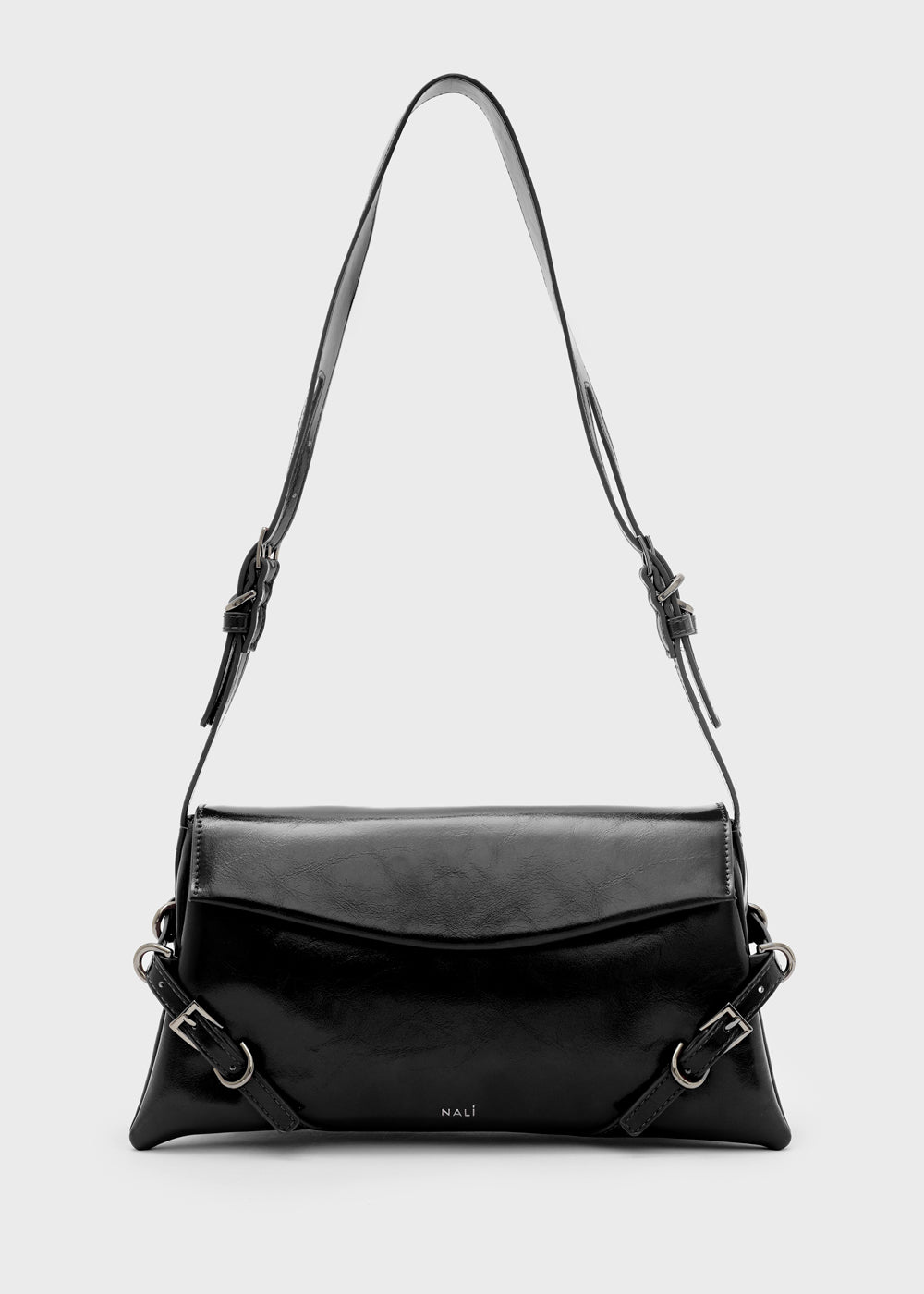 Nalì a spalla sabrina nero borsa a tracolla in pelle nera lucida con fibbie in metallo argento e design minimalista