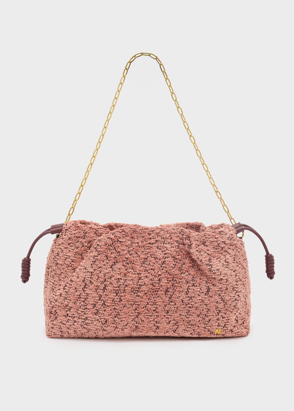 Nalì a spalla seraphine rosa borsa a tracolla in maglia rosa morbida con catena oro e coulisse marrone scuro