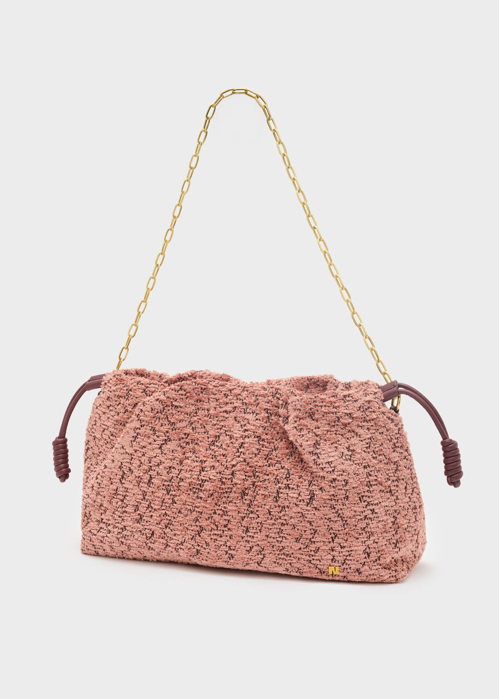 Nalì a spalla seraphine rosa borsa a maglia rosa chiaro morbida con tracolla a catena oro e manici intrecciati marroni
