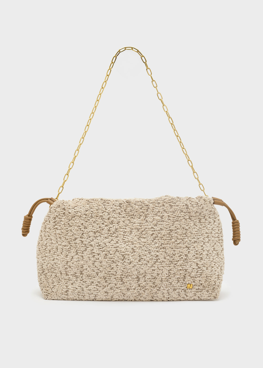 Beige borsa a spalla in tweed con catena dorata e manici intrecciati marroni nalì a spalla seraphine panna