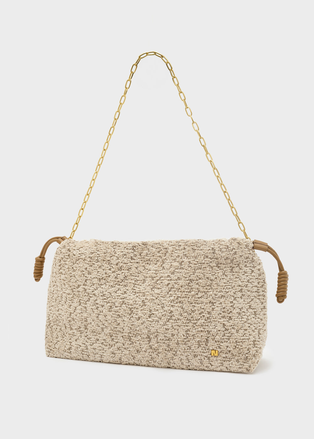 Beige borsa a spalla nalì seraphine panna in tweed con manici intrecciati color cuoio e tracolla a catena oro