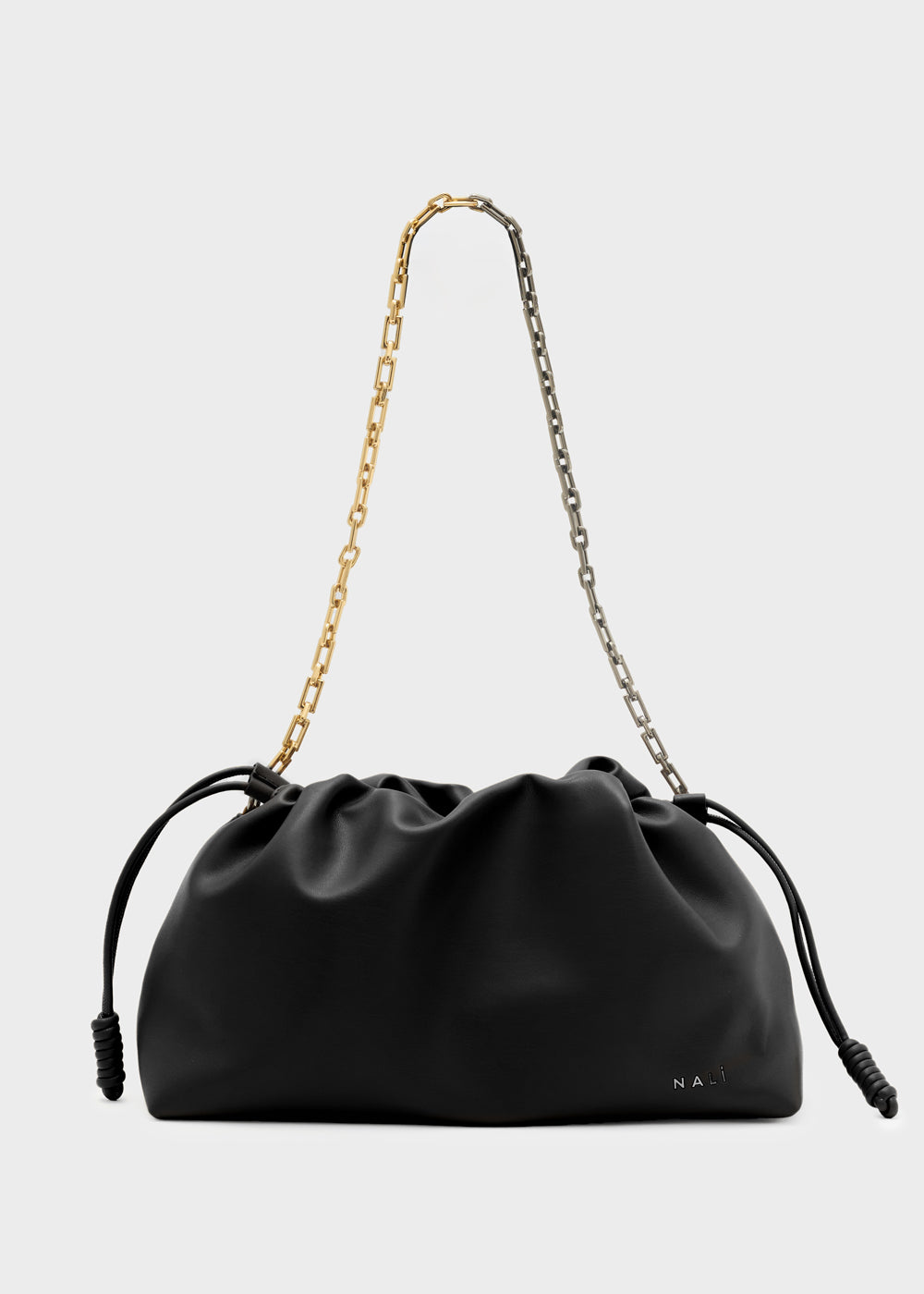 Nalì a spalla Seraphine nero borsa a tracolla in pelle nera con coulisse e tracolla a catena bicolore oro argento