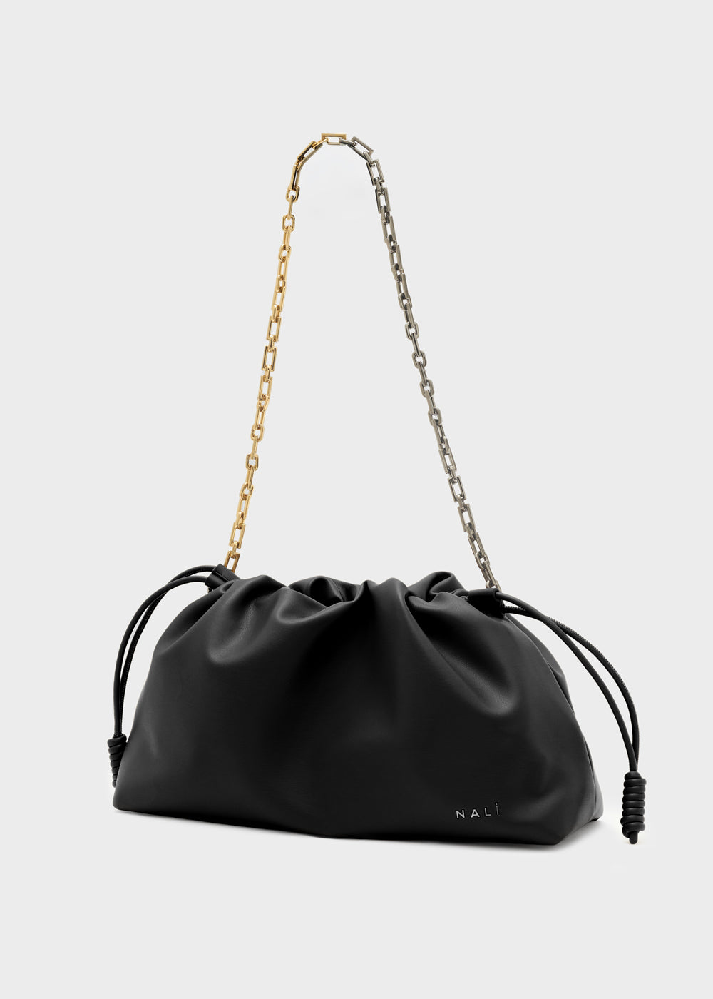 Borsa a spalla neri nalì con coulisse e tracolla a catena bicolore in oro e argento modello seraphine nero