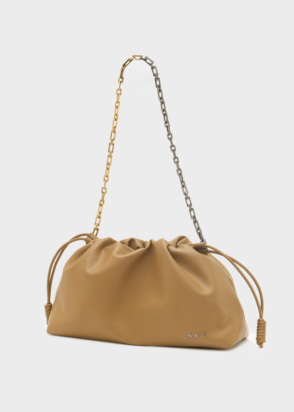 Tan leather shoulder bag nalì a spalla seraphine marrone with dual-tone gold and silver chain strap