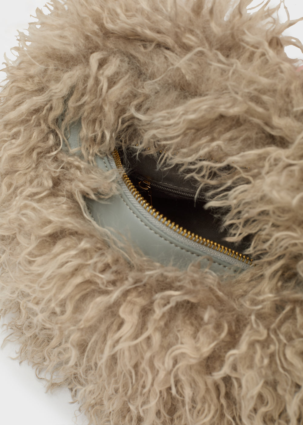 Nalì a mano furry grigio borsa beige in shearling con interno azzurro e cerniera dorata