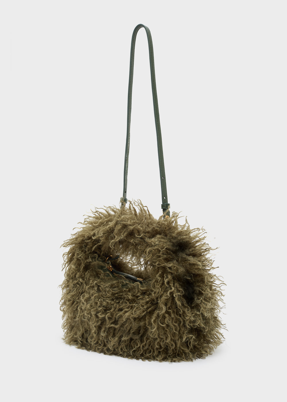 Olive green curly fur handbag with a sleek black leather strap from nalì a mano furry verde collection