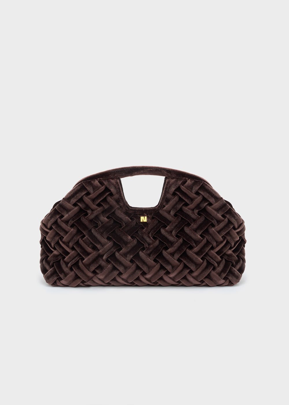Nalì a mano queen marrone borsa a mano in velluto marrone scuro con trama intrecciata e logo dorato sul davanti