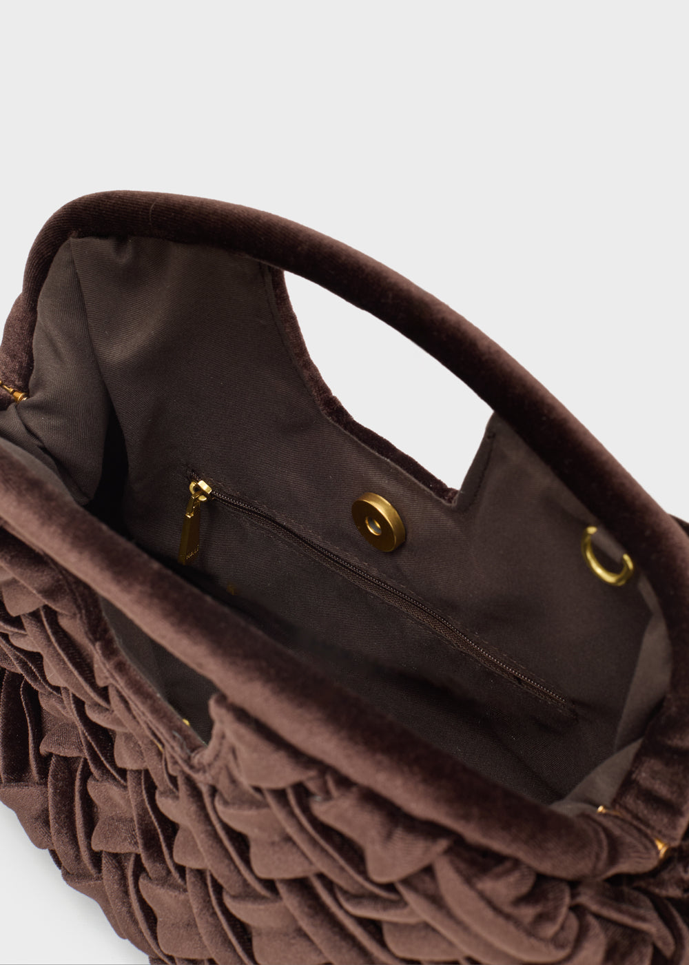 Brown velvet handbag nalì a mano queen marrone with textured ruched exterior and gold-tone hardware accents