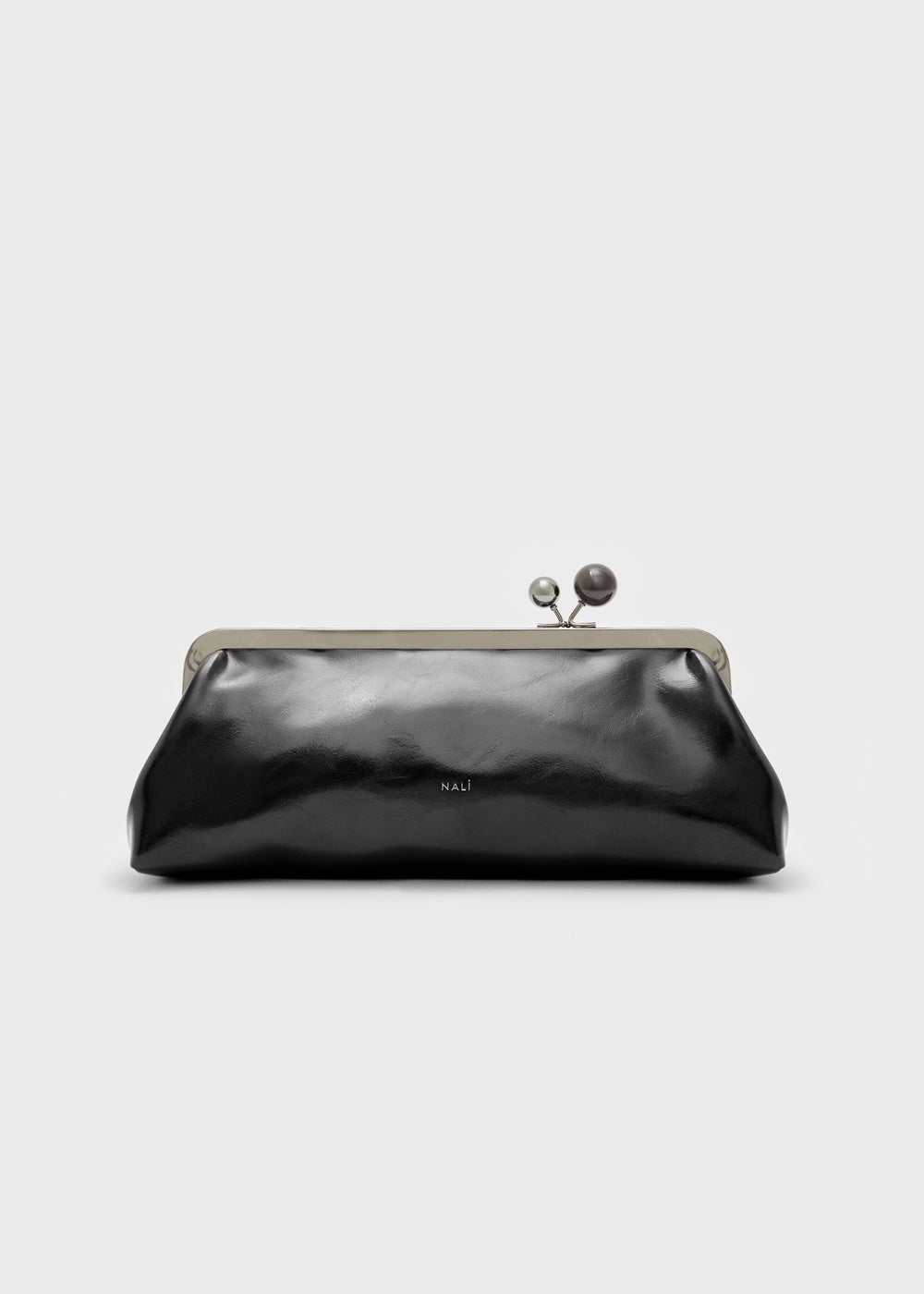 Nalì clutch zendaya nero in vernice nera con cornice argentata e chiusure perle sferiche
