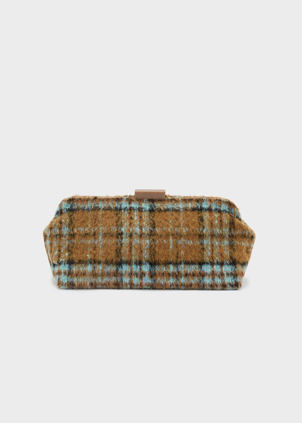 Nalì pochette luxe marrone clutch compatta in tessuto di lana a quadri marrone e teal con chiusura metallica semplice