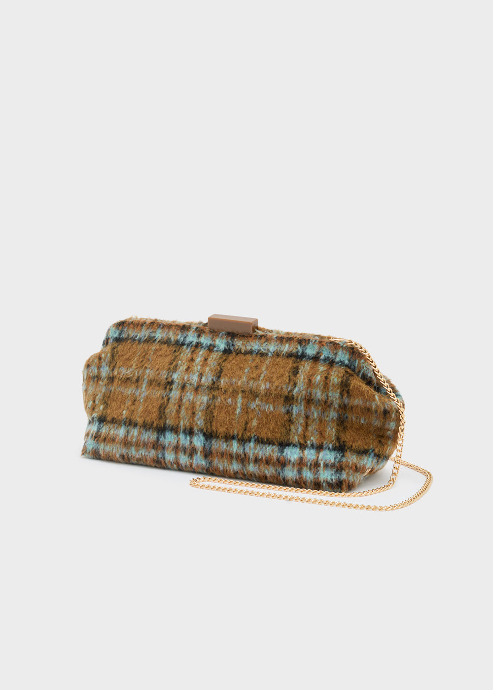 Nalì pochette luxe marrone in tweed plaid marrone e teal con tracolla a catena oro elegante e compatta