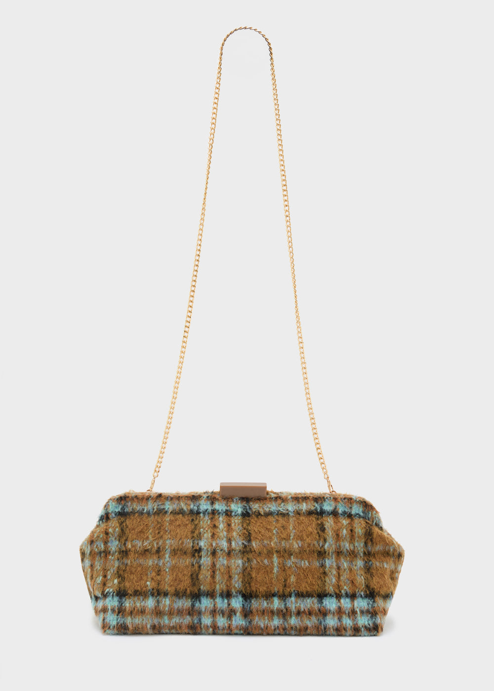 Nalì pochette luxe marrone clutch in tweed marrone e turchese a quadri con tracolla catena oro