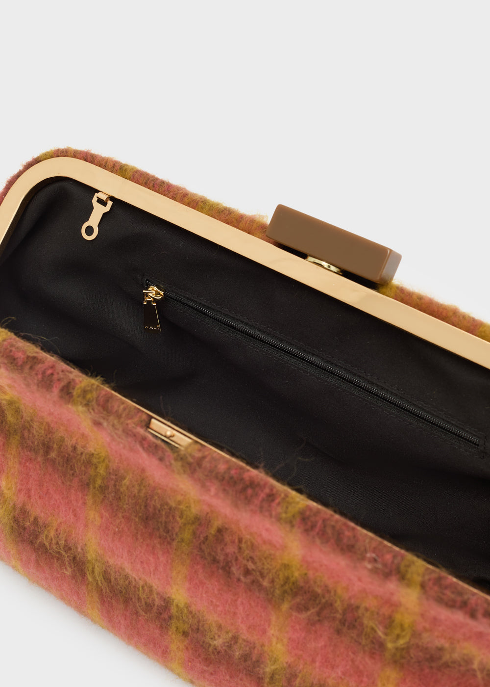 Nalì pochette luxe mattone in tessuto morbido e trama scozzese rosa caldo e senape con dettagli oro