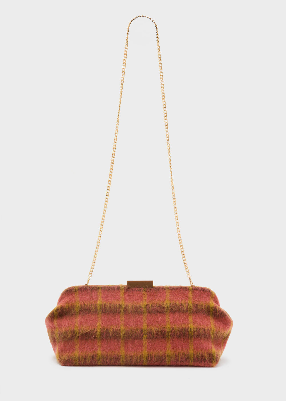 Nalì pochette luxe mattone rust-colored plaid clutch bag with gold chain strap and small rectangular clasp