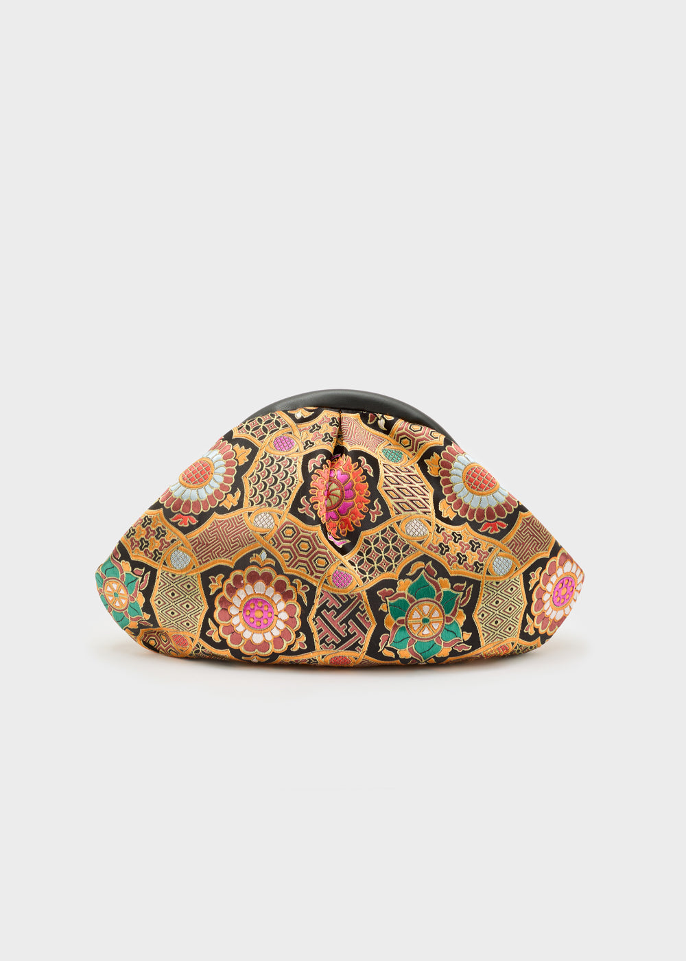 Clutch compatta Nalì Pochette Uranus Arancio con motivo floreale e geometrico in colori vivaci su sfondo scuro