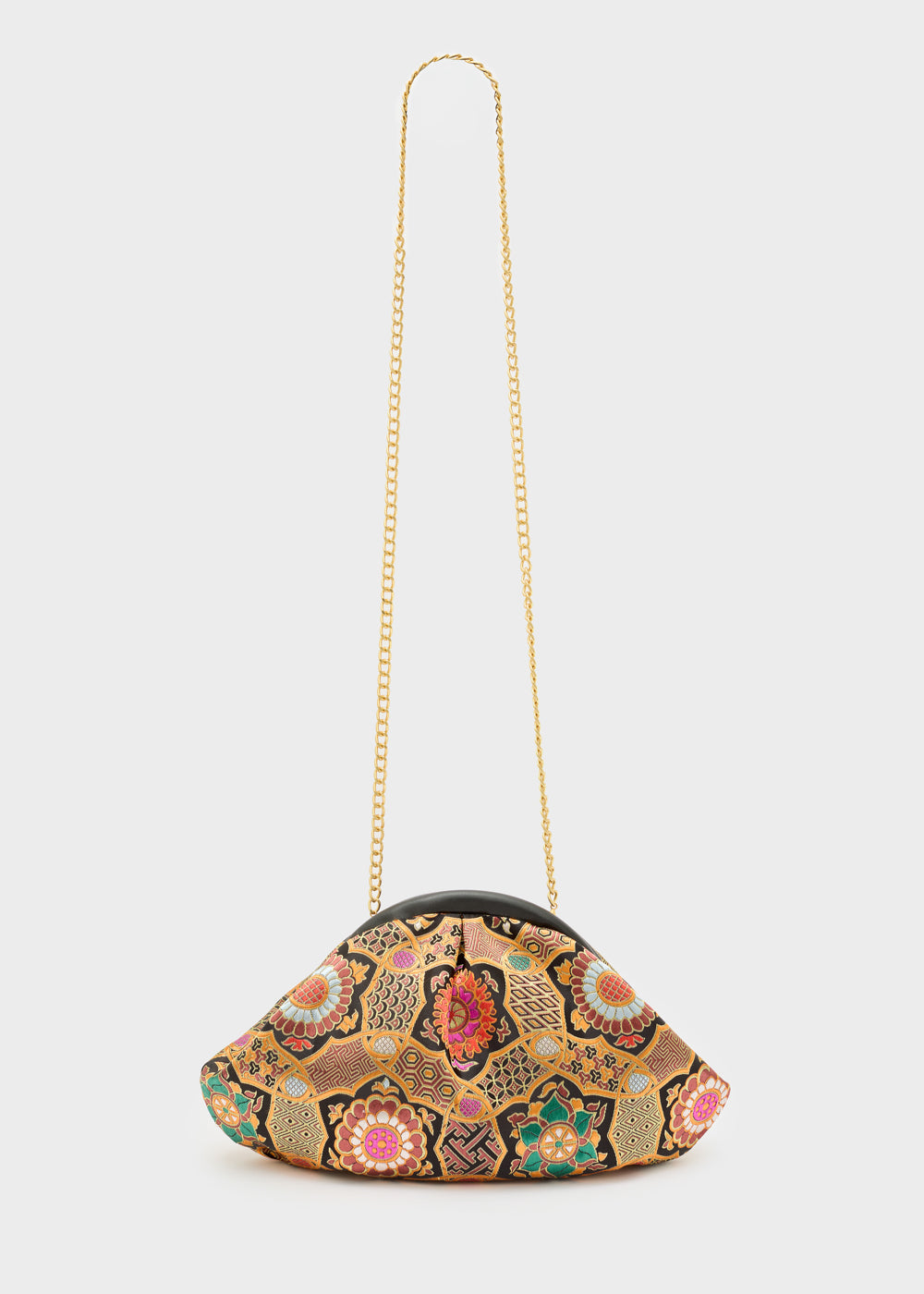 Nalì pochette uranus arancio con tracolla catena oro e design floreale rosa verde beige su sfondo nero