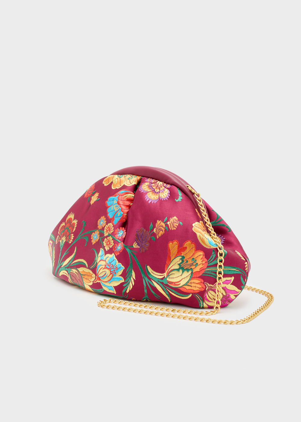 Nalì pochette uranus bordeaux magenta con motivo floreale colorato e tracolla a catena dorata delicata