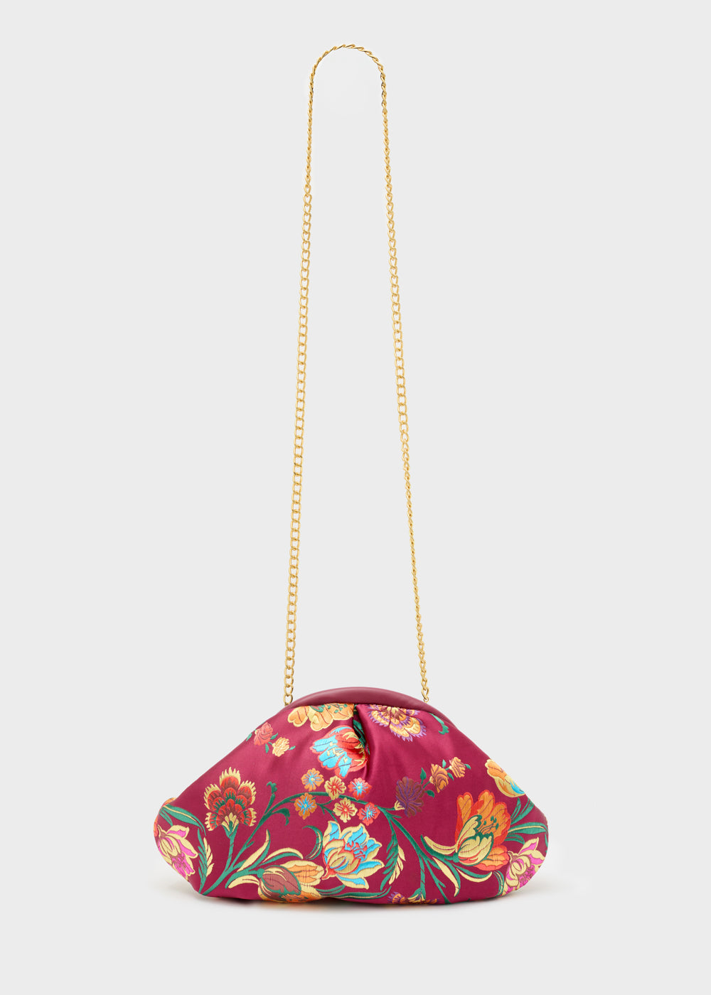 Nalì pochette uranus bordeaux fucsia vibrante con motivo floreale colorato e catena dorata delicata