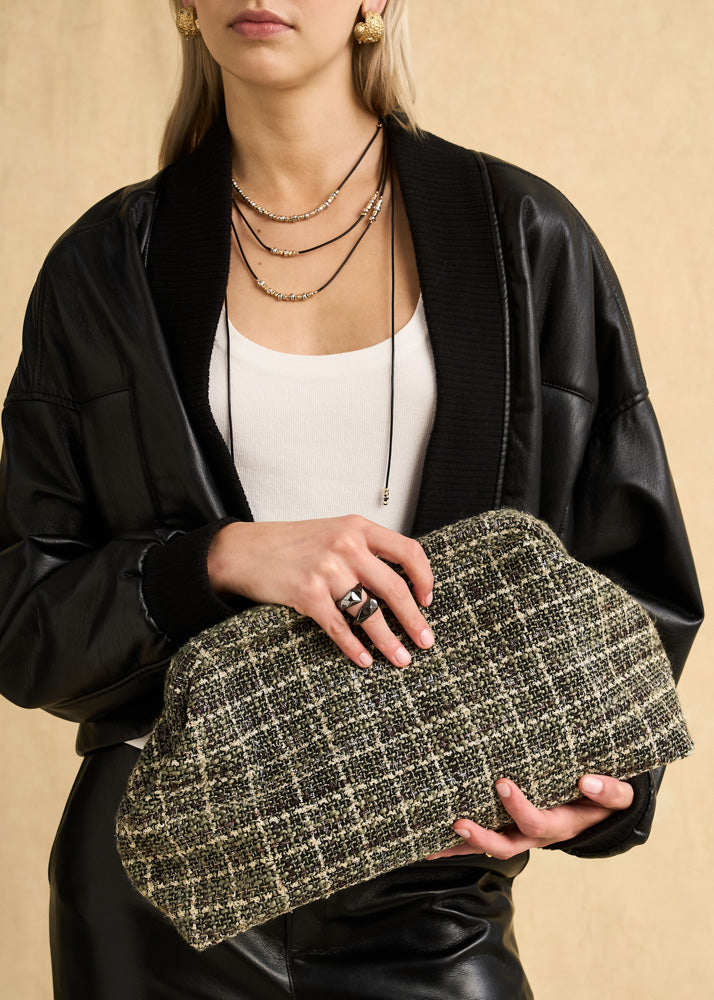 Nalì pochette estrella bouclè verde in tweed checkered verde oliva e crema elegante borsa da sera compatta