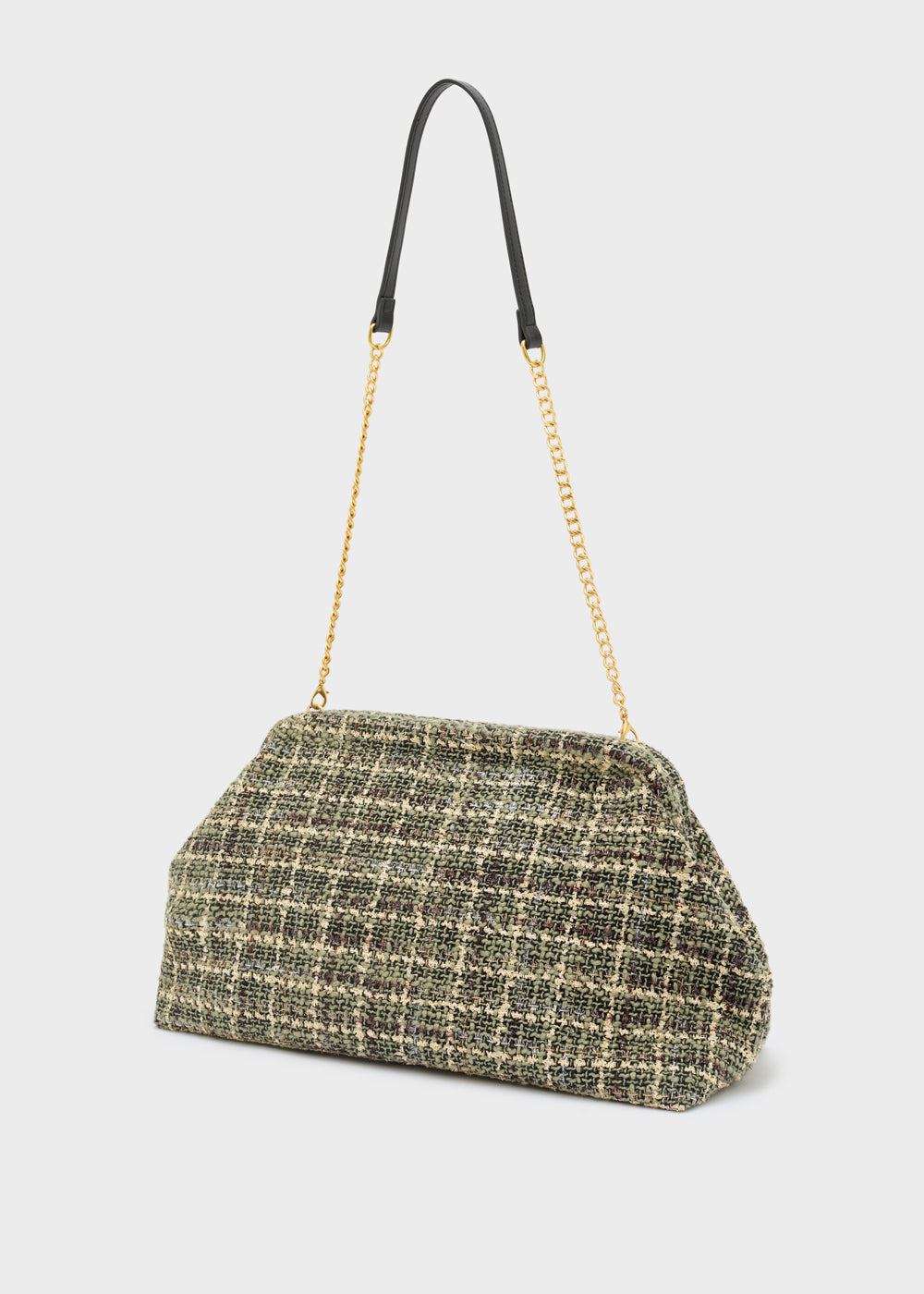 Nalì pochette estrella bouclè verde in plaid oliva e beige con tracolla a catena dorata in tessuto bouclè